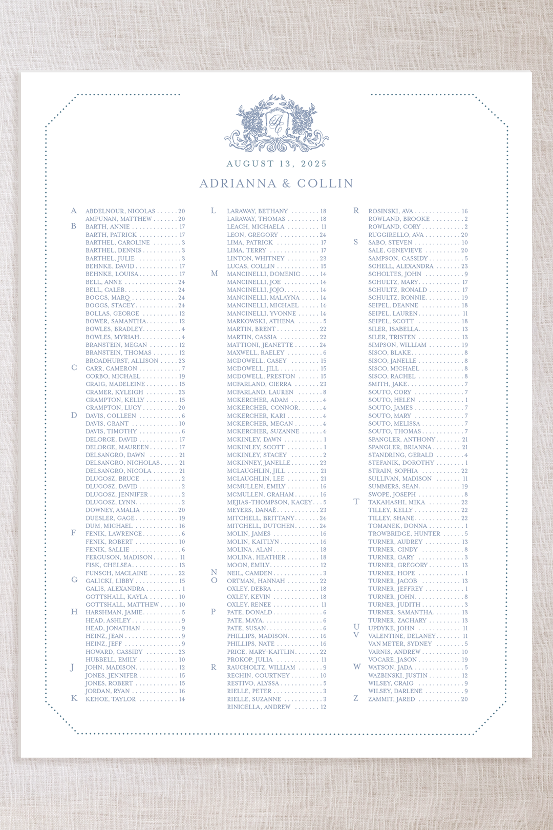 Adrianna Collection Laminated Seating Chart 36"x48" | PURCHASE